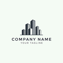 Fototapeta premium Modern city skyline logo with company name and tagline for real estate business.