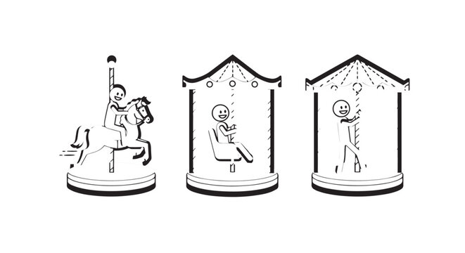 Illustrated carousel figures in vintage circus style art.