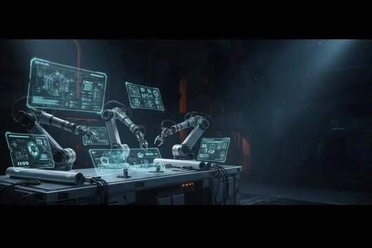 Robotic arms working on a high tech laboratory workbench with glowing holographic user interfaces