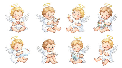 Fototapeta premium A set of angel baby characters is shown doing various activities. Each baby has wings and a halo. They play with a harp, hold a star, and sit with a book