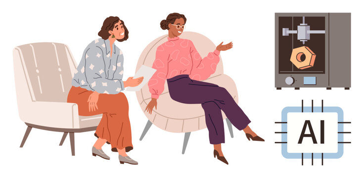 Innovation, technology, artificial intelligence, 3D printing, modern teamwork, digital transformation. Two women seated in discussion. Innovation and technology concept with emphasis on AI and 3D