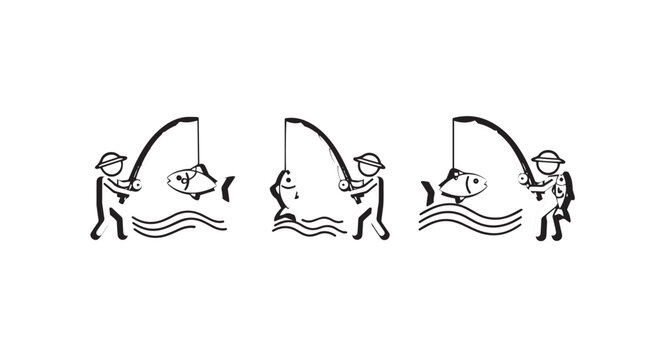 Illustrated sequence of people fishing by the water.