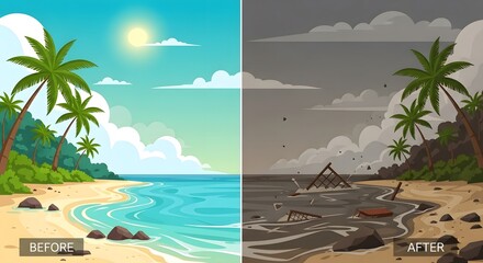 Obraz premium Before and After Tropical Beach Scene with Palm Trees and Sky in Bright and Dark Conditions