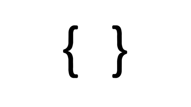 Black curly brackets appear. Program code signs isolated on a transparent background. Tags. Programming code. Alpha channel. 4K video.