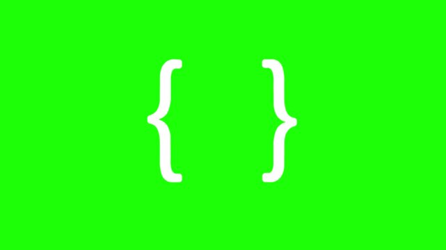 Curly brackets icon appears. Curly lines appear together, Program code sign isolated on a green background. Tag. Programming code. Alpha channel. 4K video.