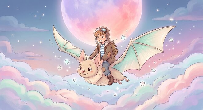 Cute cartoon boy riding a giant bat through a pastel night sky representing childhood imagination and magical dreams