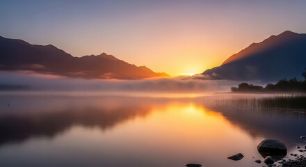Golden sunrise illuminates misty mountain lake with reflections offering a serene landscape