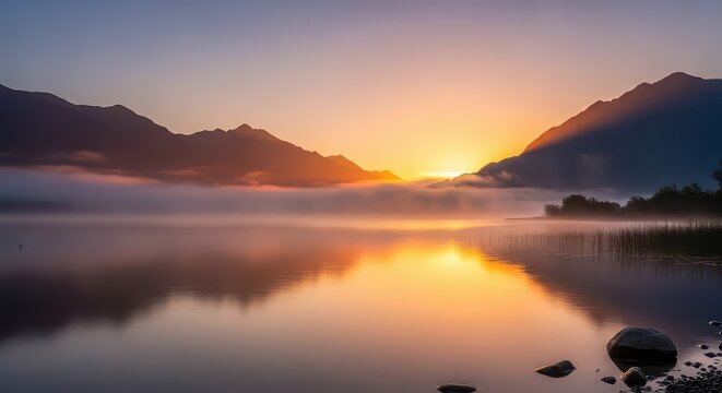 Golden sunrise illuminates misty mountain lake with reflections offering a serene landscape