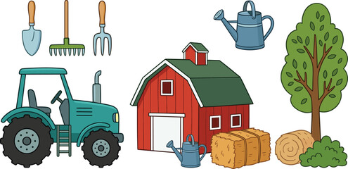 Naklejka premium Farm Equipment and Barn Illustration with Tractor, Hay Bales, Tools, and Watering Cans for Agriculture Concept