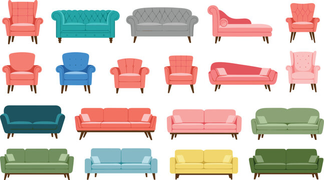 Colorful sofa and armchair collection isolated on gray background for modern furniture and interior design concepts