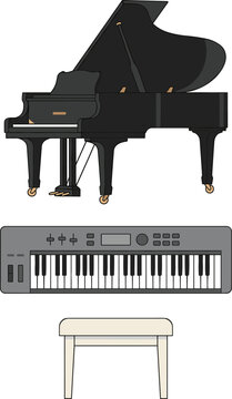 Vector illustration collection of a black grand piano digital synthesizer keyboard and a white piano bench isolated on white background