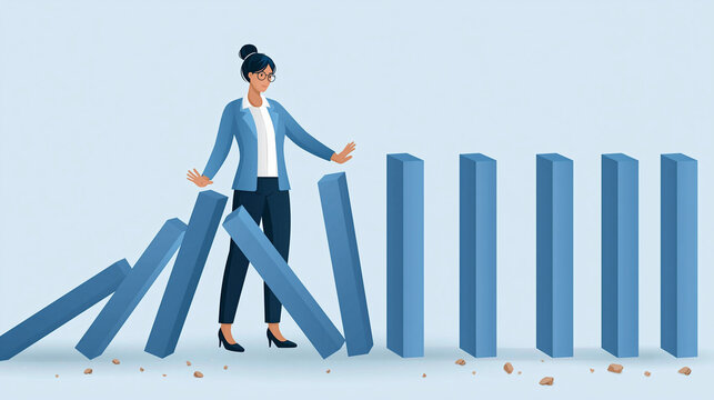 Dominos of Business Strategy: A businesswoman strategically halts a line of falling dominos, symbolizing her decisive action to prevent a business crisis.
