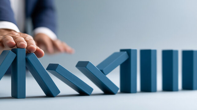 Business Strategy: A hand in a suit stops a row of falling dominoes, symbolizing risk management and strategic intervention in business.