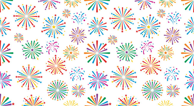 Sparkling firework show pattern for happy holiday party celebration. Minimalist seamless firework pattern with tiny colorful stars, festive explosion icons on white background. Vector illustration