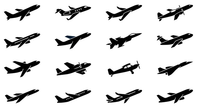 Set of aircraft icons. Diverse collection of simple black silhouettes showing different aircraft types, including commercial airliners, private jets, and light propeller planes, on white background.