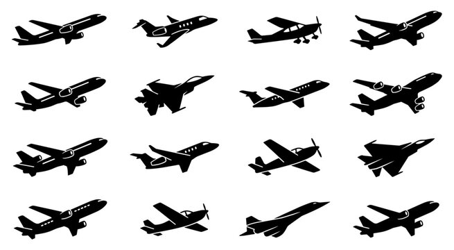 Set of black airplane icons in various designs. Diverse collection of simple black silhouettes featuring various types of aircraft, including passenger jets, cargo planes, and small propeller planes.