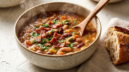 Fototapeta premium Hot bean soup with steam and rustic bread