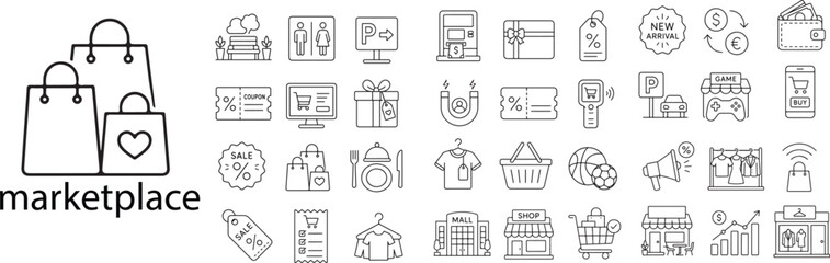  E-Commerce Marketplace and Shopping Mall Navigation Linear Vector Web icon Set for Online Retail, Commercial Public Facilities, and Retail Store UI Elements