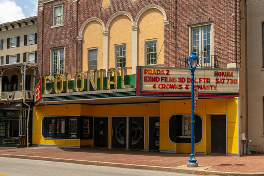 Historic Colonial Theatre marquee in Phoenixville, Pennsylvania, known for its appearance in the classic 1958 science fiction film &ldquo;The Blob.&rdquo;
