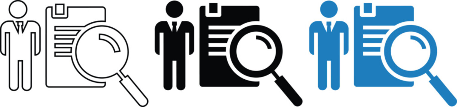 Job fair and candidate profile audit icon set. Human resources recruitment. user account verification.