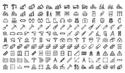 Obraz premium Minimal construction line icon set with 100 building tools and machinery vectors