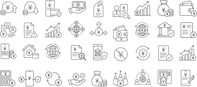 Yuan and Yen Currency Financial Services Linear Vector Icon Set for Japanese and Chinese Banking, Global Investment, and Mobile Payment UI Elements