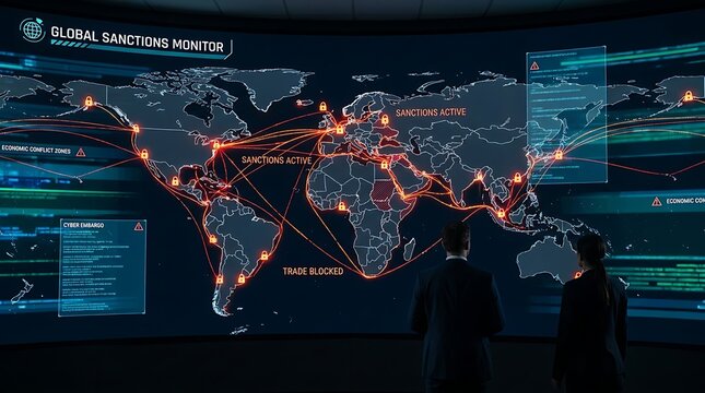 Business professionals observing a digital global sanctions monitor map on a large curved screen in a dark high tech control room environment