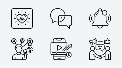 Fototapeta premium Set of six social media marketing icons in outline style.