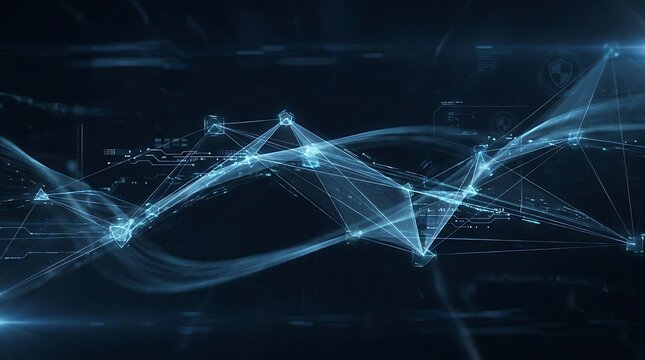 Digital network connection with glowing nodes and data lines on a dark background representing cyber security and information technology infrastructure