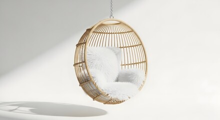 Obraz premium Modern Rattan Hanging Chair with White Cushions in Minimalist Interior