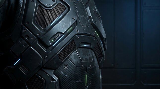 Close-up view of the intricate, textured armor plating of a futuristic sci-fi suit, highlighting metallic details and glowing green accents.