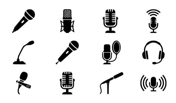 Microphone icon vector flat design set with podcast studio and audio recording symbols