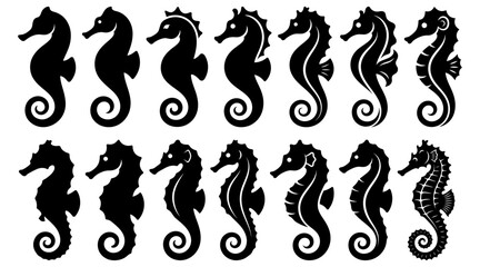 Collection of black seahorse silhouettes in various artistic and minimalist styles on a white background.vector illustration © kowok