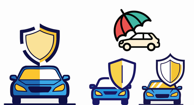 Set of blue cars accompanied by protective shields and a colorful umbrella representing vehicle insurance coverage concepts for safe driving and financial security for owners of modern personal motor 