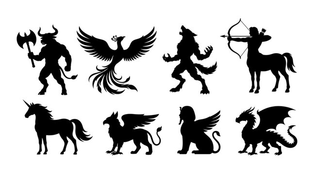 Black silhouette icons of mythological creatures, set of 8 vector illustrations of fantasy monsters, ancient legend animal symbols for games and logo design. Vector illustrations isolated on white bac
