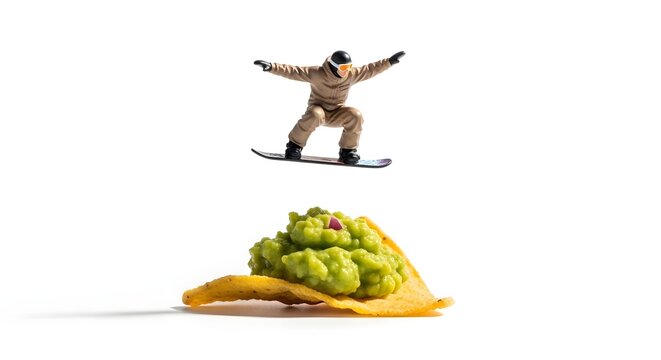 Skateboarder in Winter Suit Performing Jump Over Nacho Chip with Guacamole on White Background