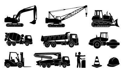 Heavy Construction Machinery and Equipment Black Silhouette Icon Set with Excavator, Crane, Dump Truck, Bulldozer, and Worker Elements for Industry Designs © MSTROTNA