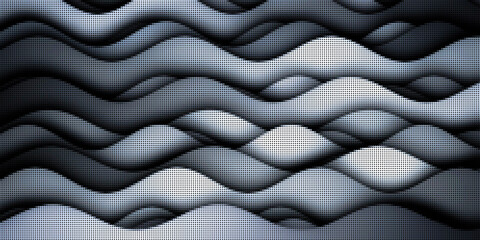 Obraz premium Modern geometric illustration featuring textured halftone dotted pattern on overlapping fluid wavy lines with silver metallic metallic metallic gradients