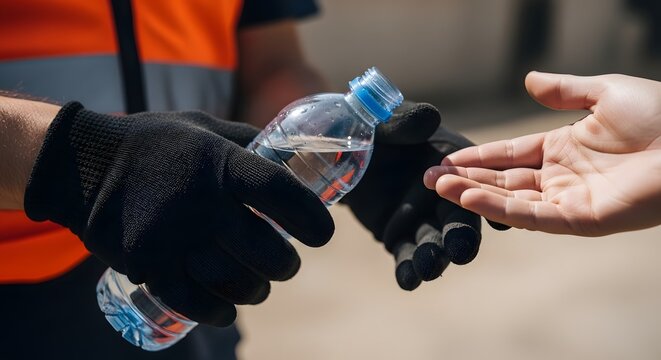Worker in Safety Uniform Handing Plastic Water Bottle to Person in Outdoor Setting