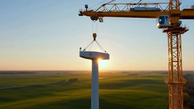 Wind turbine blades' final descent, gracefully lowered by crane at sunset