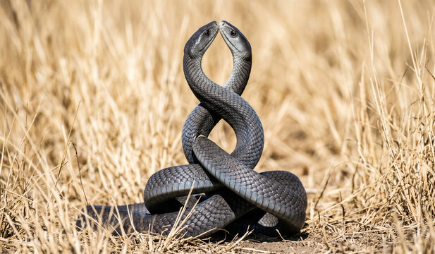 Two Male Black Mambas (Dendroaspis polylepis) Engaged in Combat Dance