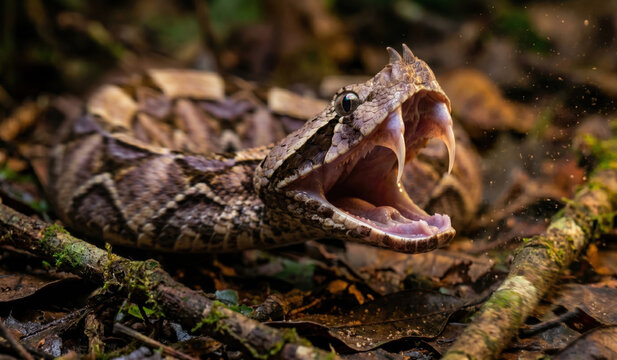Gaboon Viper (Bitis gabonica) Striking in Defensive Posture