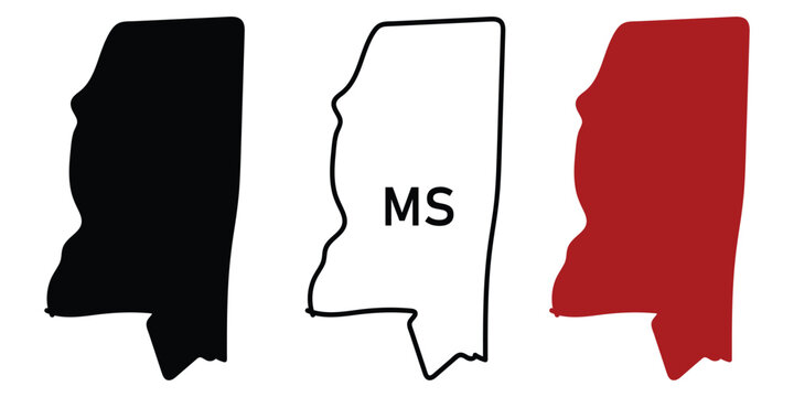 Mississippi state map outline and maroon black silhouette vector set