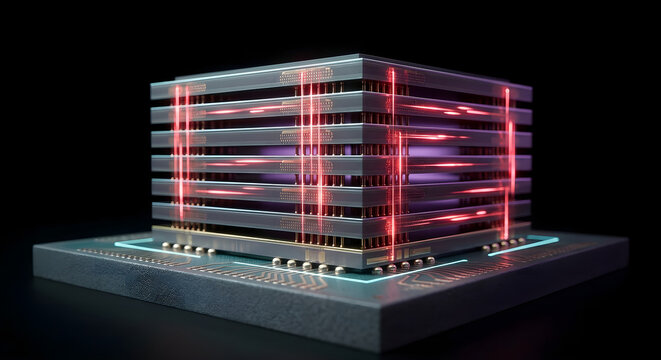 Futuristic 3D Render of High-Bandwidth Memory (HBM) Stack with Glowing Red Data Transfer Pulses