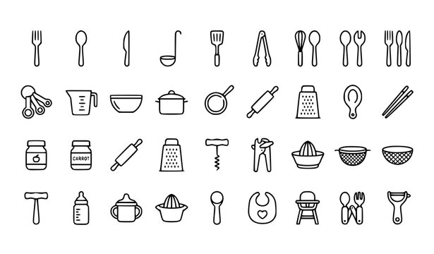 Kitchen Utensils and Baby Feeding Line Icon Collection Vector Spoon Fork Set