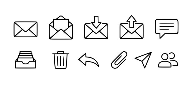 Minimal email and messaging icon collection with envelope send receive and delete outline vector set