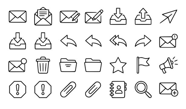 Email and message envelope line icon set with send receive and delete outline vectors for app design