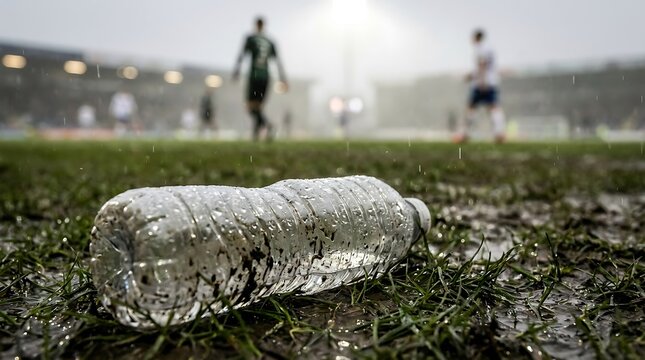 Gritty close-up of a dirty muddy water bottle on the touchline after intense football game