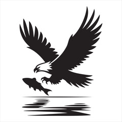 Fototapeta premium Eagle catching fish from water vector silhouette line art concept logo design idea illustration 
