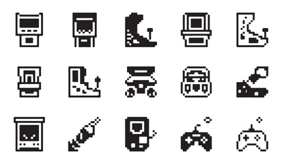 Pixel art collection of classic arcade cabinets and retro handheld console game devices. © MDABDUR